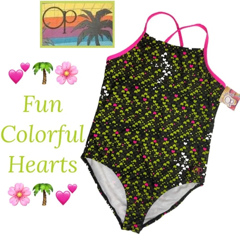 Girls Swimsuit One Piece Bathing Suit Hearts Summer Beach Pool Green Pink White